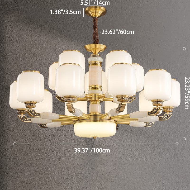 Traditional Chinese Cylinder Brass Jade Glass 6/8/10/15 Lights Chandelier For Living Room