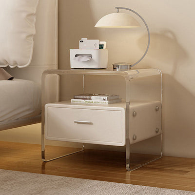 Modern Minimalist Cubic Rectangular Acrylic Wood Metal Nightstand 1-Drawer For Bedside