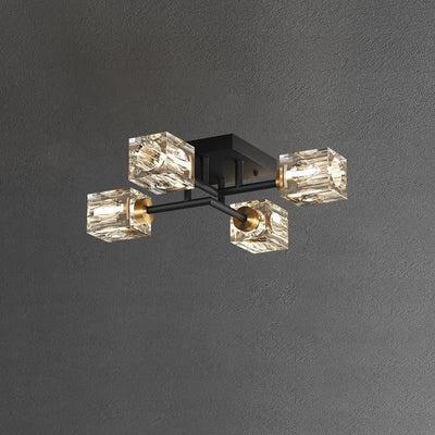 Contemporary Luxury Branch Rectangle Full Copper Crystal 4/6/8 Light Semi-Flush Mount Ceiling Light For Living Room