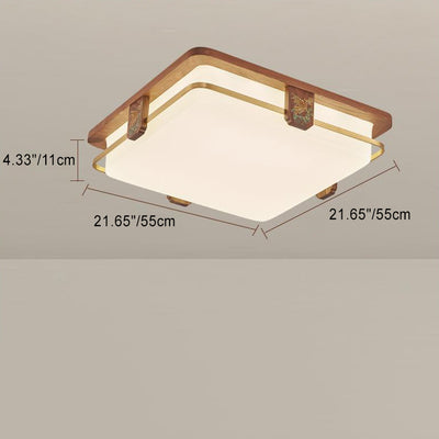 Traditional Chinese Walnut Copper Acrylic Round Square Rectangular LED Flush Mount Ceiling Light For Living Room