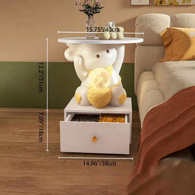 Modern Art Deco Kids Rabbit Round Plate Rectangular Drawer Resin Wood Enamel End Table 1-Drawer With LED Light For Bedroom