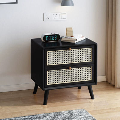 Modern Simplicity Square Solid Wood Rattan Weaving Side Table 2-Drawer For Living Room