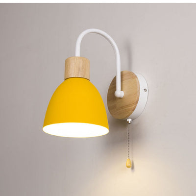 Modern Minimalist Macaron Curved Pole Round Cup Iron Wood 1-Light Wall Sconce Lamp For Bedroom