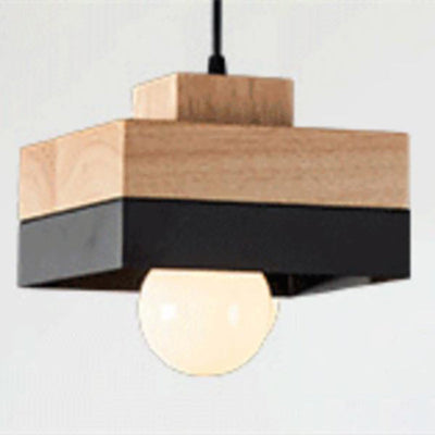 Contemporary Scandinavian Square Iron Wood 1-Light Pendant Light For Living Room