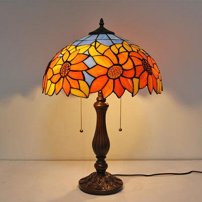 Traditional Tiffany Stained Glass Peacock Sunflower Resin Base 2-Light Table Lamp For Study