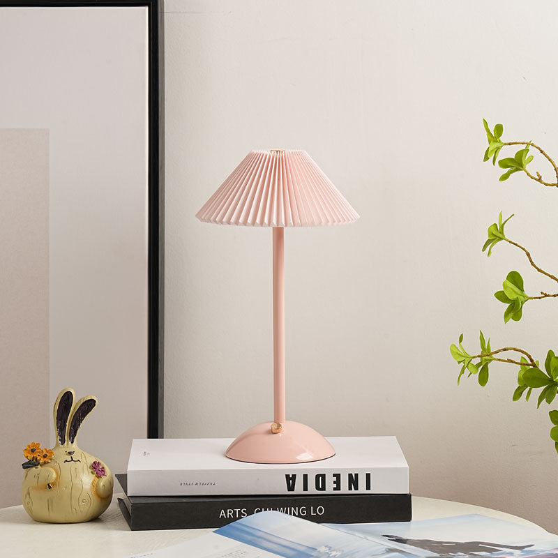 Contemporary Scandinavian Rechargeable Iron Fabric Conic Pleated LED Table Lamp For Bedside