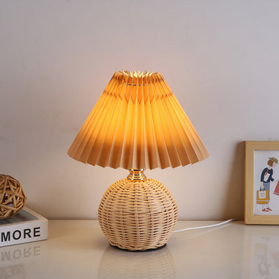 Contemporary Nordic Rattan Fabric Pleated Conic Ball LED Table Lamp For Bedroom