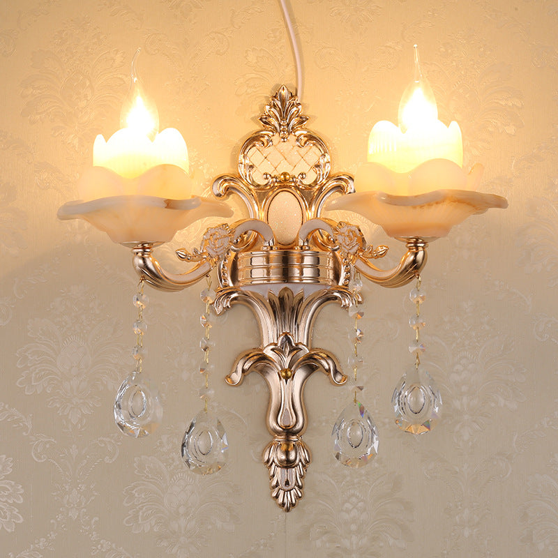 Traditional European Carved Sconce Zinc Alloy Imitation Jade 1/2 Light Wall Sconce Lamp For Living Room