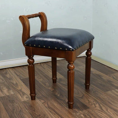 Traditional European Square Tufted Leather Upholstered Vanity Stool Low Back For Bedroom