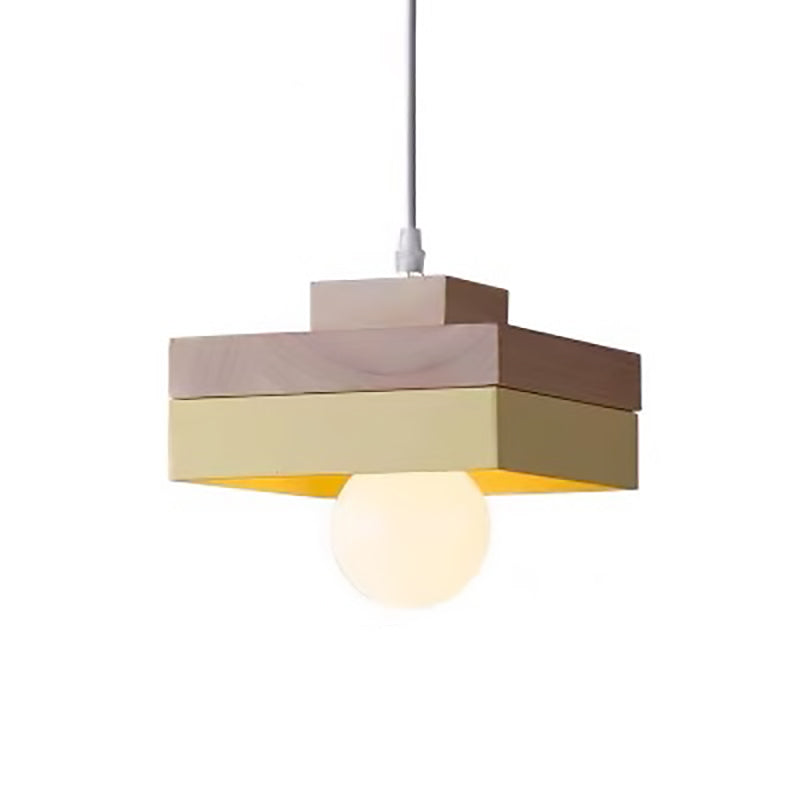 Modern Minimalist Macaron Square Iron Wood 1-Light Pendant Light For Living Room