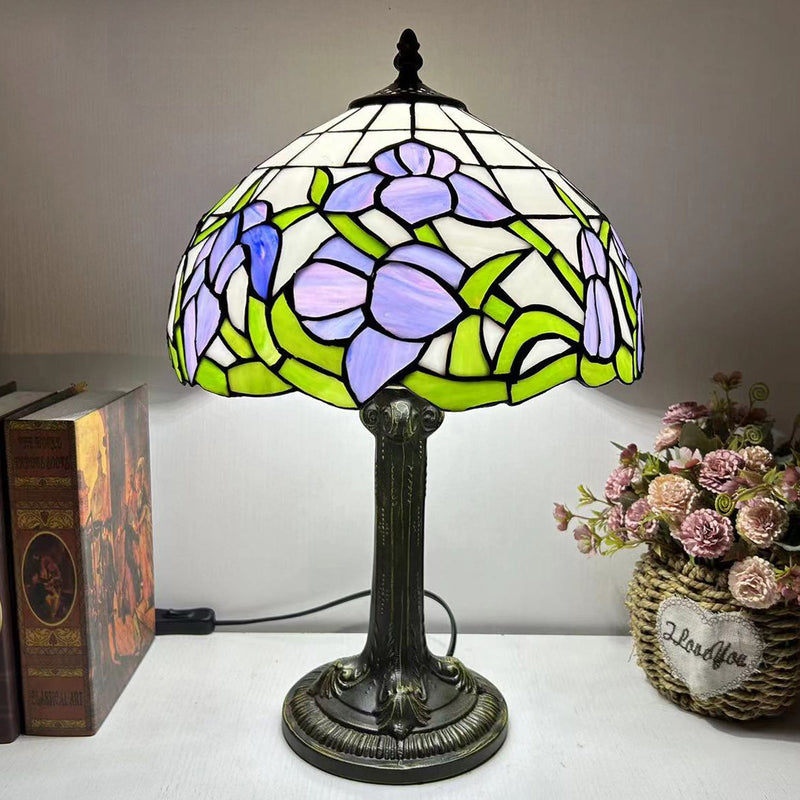 Traditional Tiffany Dome Flower Iron Glass 1-Light Table Lamp For Living Room