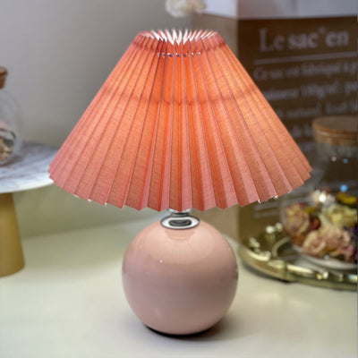 Modern Minimalist Round Fabric Pleated Ceramic LED Table Lamp For Bedroom