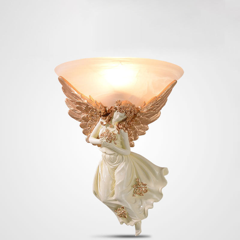 Traditional European Resin Angel Wing Glass Cup Shade 1-Light Wall Sconce Lamp For Living Room