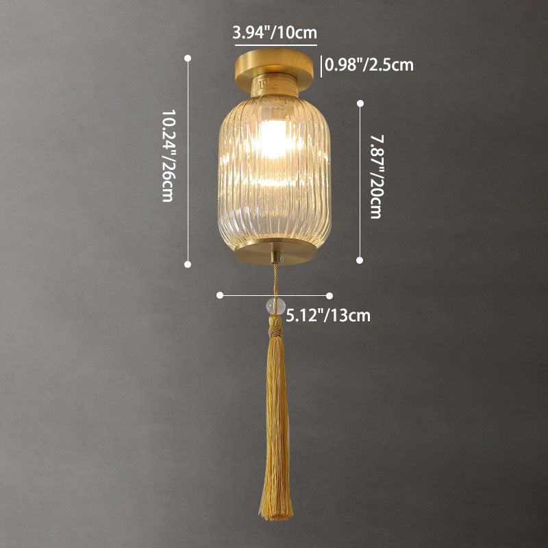 Traditional Chinese Lantern Spherical Copper Glass 1-Light Semi-Flush Mount Ceiling Light For Bedroom