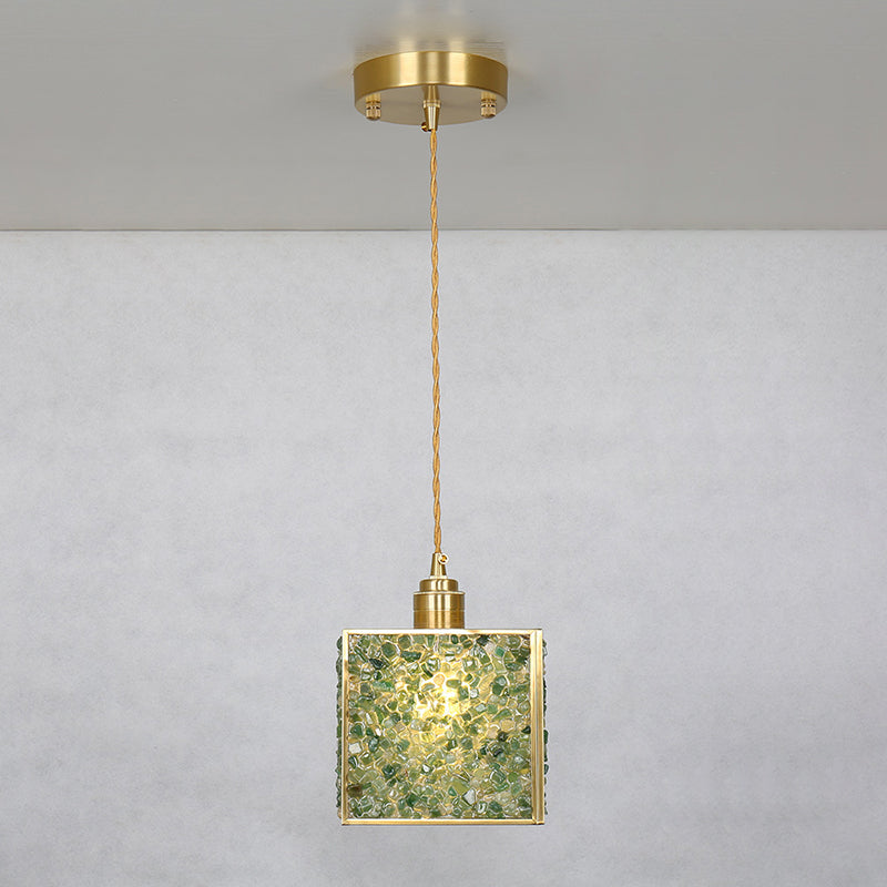 Modern Luxury Square Cube Gold Copper Frame Glass Shade 1-Light Pendant Light For Living Room