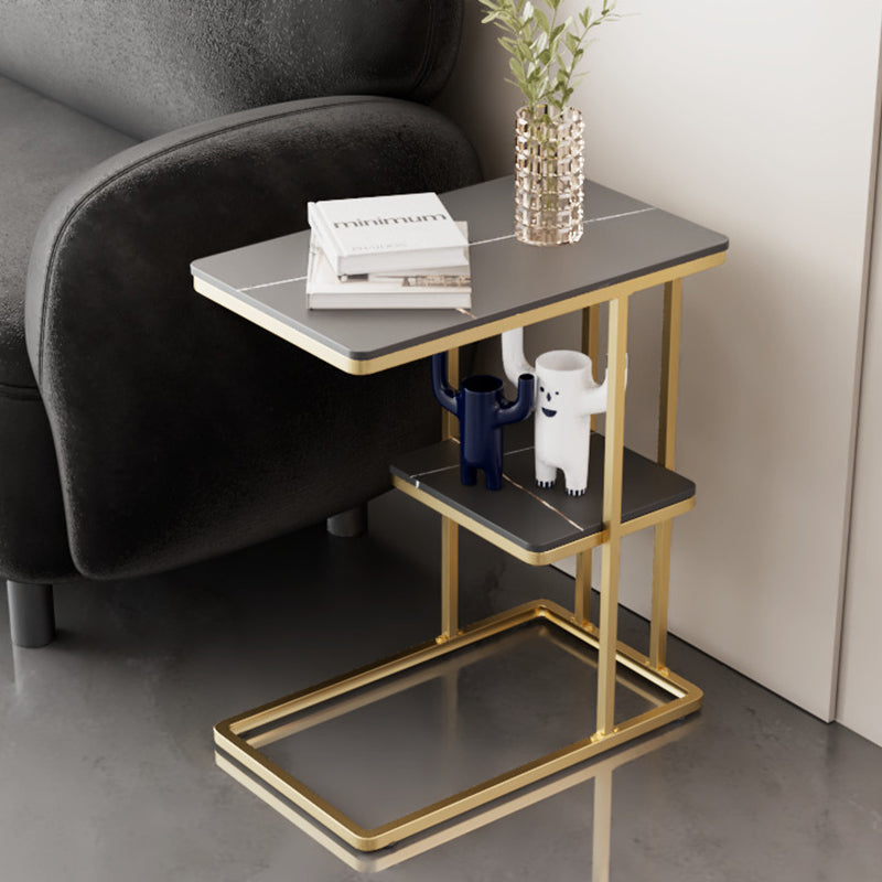 Contemporary Nordic Rectangular Rock Slab Metal End Table 2-Tier For Living Room