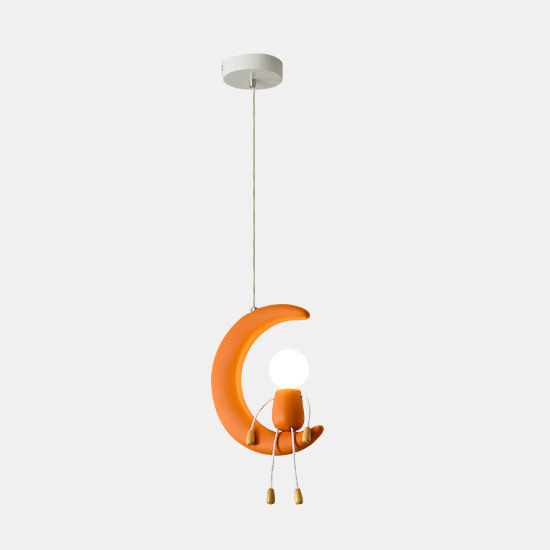 Contemporary Nordic Kids Iron Resin Glass Moon Doll 1-Light Pendant Light For Bedside