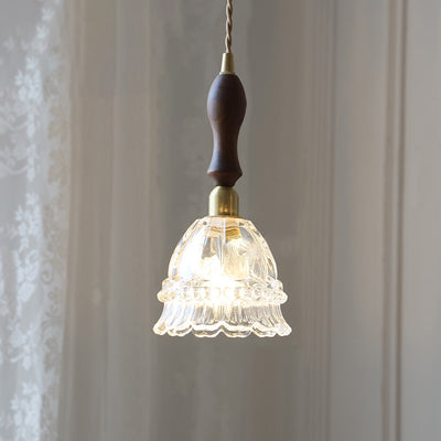 Traditional French Pastoral Walnut Jellyfish Glass Shade 1-Light Pendant Light For Living Room