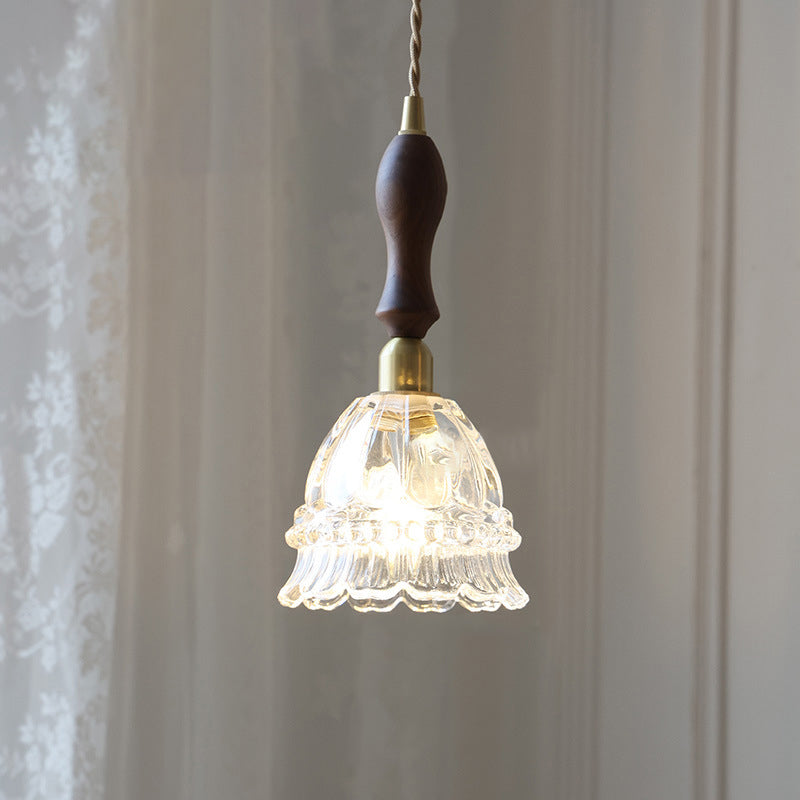 Traditional French Pastoral Walnut Jellyfish Glass Shade 1-Light Pendant Light For Living Room