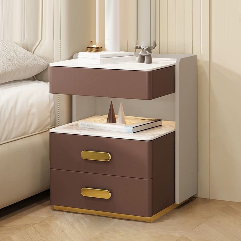 Contemporary Luxury Rectangular Rock Slab Solid Wood Leather Nightstand 2-Drawer For Bedroom