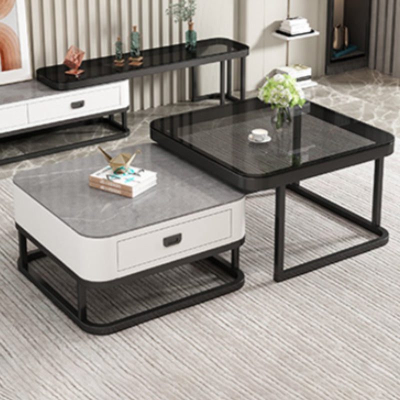 Modern Minimalist Square Rock Slab Glass Metal Combination Coffee Table 1-Drawer For Living Room