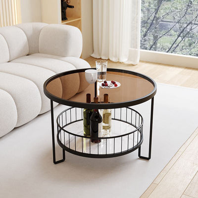 Modern Minimalist Round Tabletop Iron Tempered Glass Coffee Table 1-Shelf For Living Room