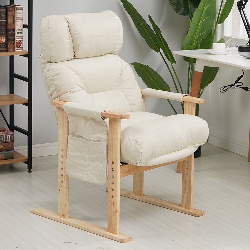 Silla de acento contemporánea nórdica rectangular de tela y madera con respaldo y reposabrazos para sala de estar 