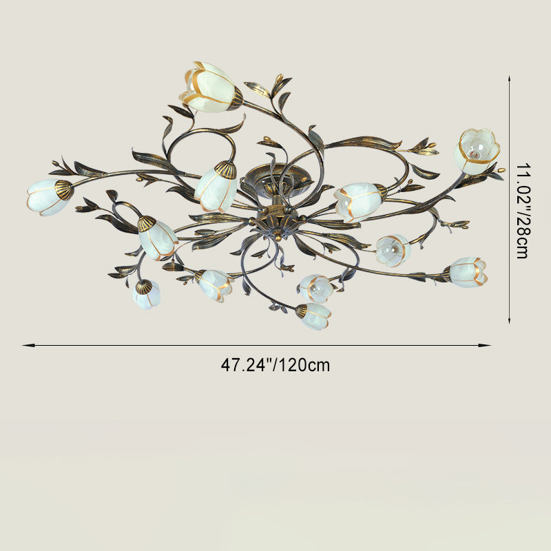 Traditional French Flower Shaped Iron Glass 4/6/8/10/12 Light Semi-Flush Mount Ceiling Light For Bedroom