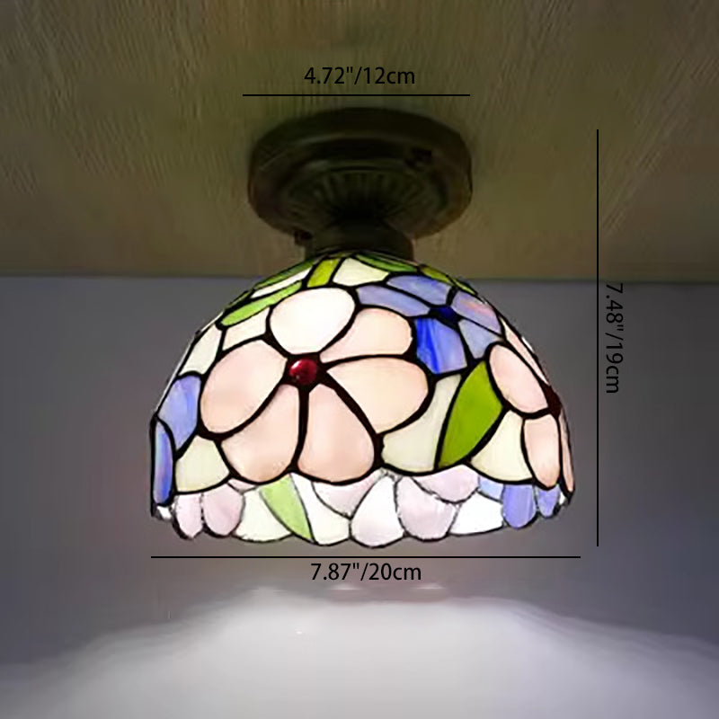 Traditional Tiffany Dome Iron Glass 1-Light Semi-Flush Mount Ceiling Light For Living Room