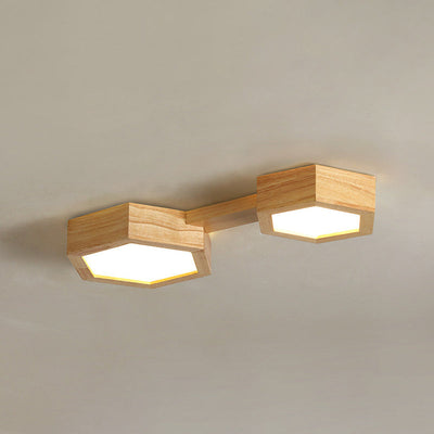 Traditional Japanese Hexagon Wood Acrylic LED Flush Mount Ceiling Light For Living Room