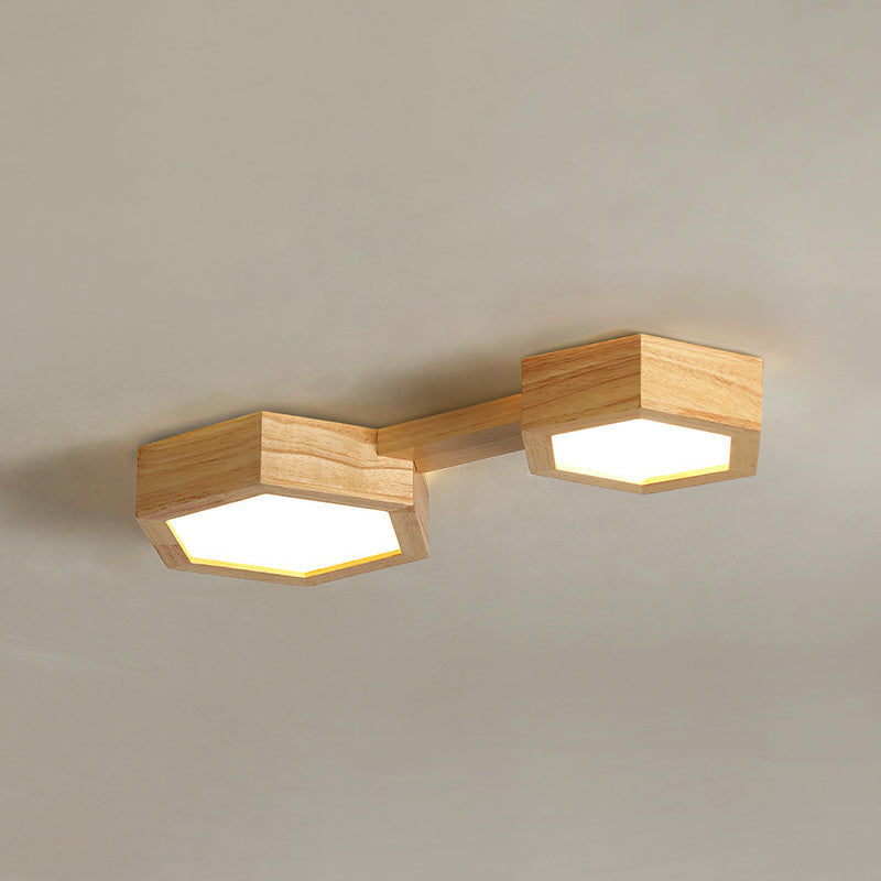 Traditional Japanese Hexagon Wood Acrylic LED Flush Mount Ceiling Light For Living Room