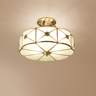 Traditional European Brass Glass Round Hand Carved 4/6 Light Semi-Flush Mount Ceiling Light For Hallway