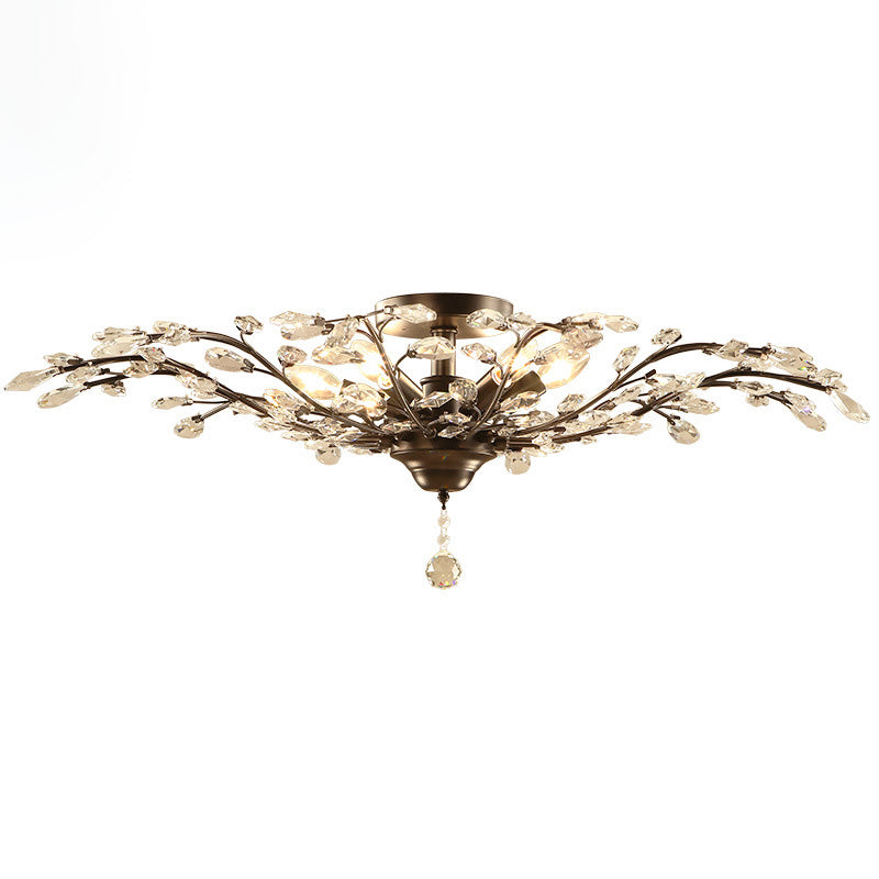 Traditional European Branch Iron Crystal 4/5/6 Light Semi-Flush Mount Ceiling Light For Living Room