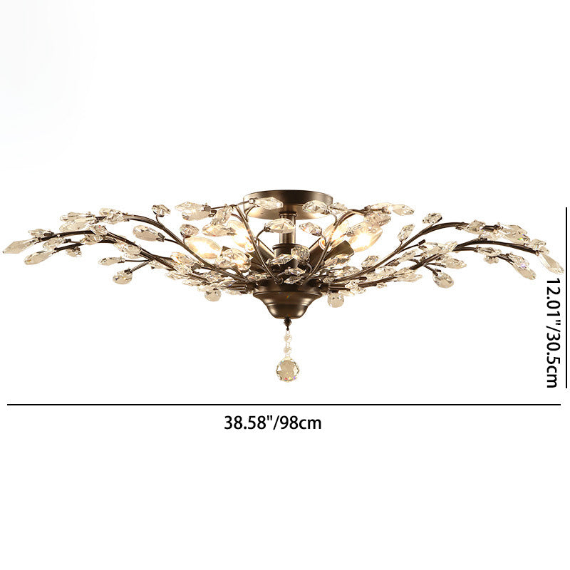 Traditional European Branch Iron Crystal 4/5/6 Light Semi-Flush Mount Ceiling Light For Living Room