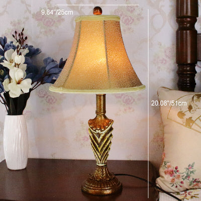 Traditional European Cylinder Carved Stripe Base Resin Fabric 1-Light Table Lamp For Bedroom