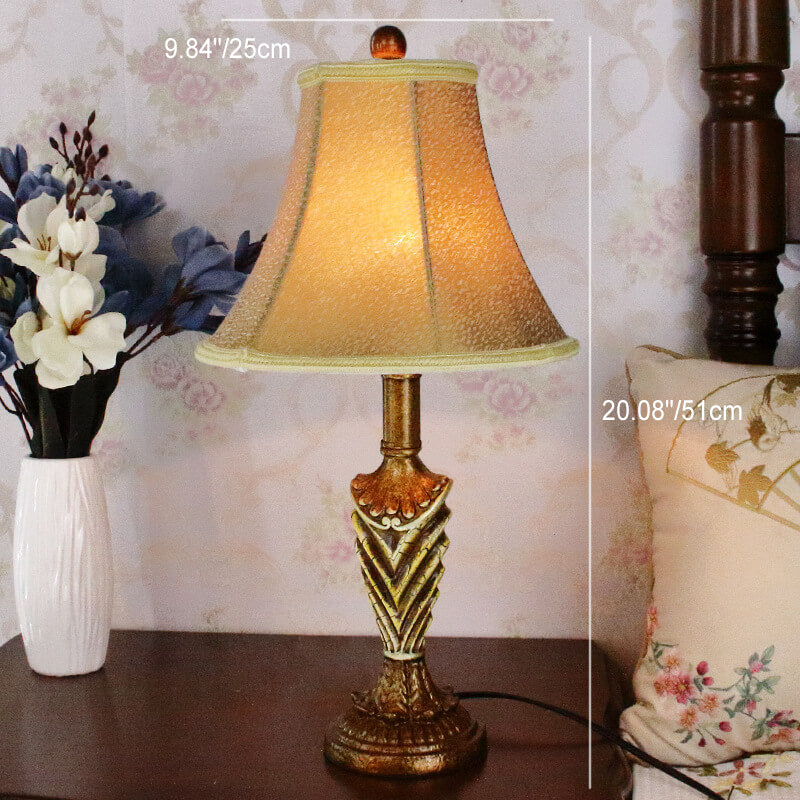 Traditional European Cylinder Carved Stripe Base Resin Fabric 1-Light Table Lamp For Bedroom