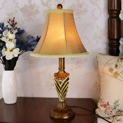 Traditional European Cylinder Carved Stripe Base Resin Fabric 1-Light Table Lamp For Bedroom