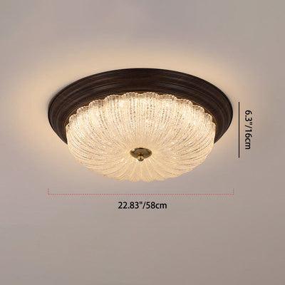 Traditional Vintage Round Fountain Crystal Glass Iron Water Turned Wood Grain LED Flush Mount Ceiling Light For Living Room