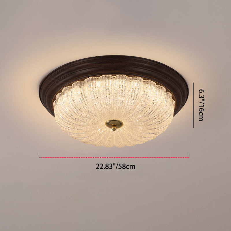 Traditional Vintage Round Fountain Crystal Glass Iron Water Turned Wood Grain LED Flush Mount Ceiling Light For Living Room