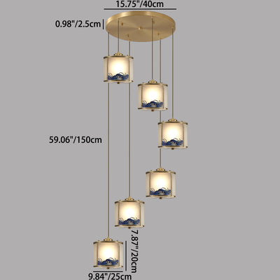 Traditional Chinese Painting Cylinder Copper Solder 1/3/6 Light Island Light Chandelier For Living Room