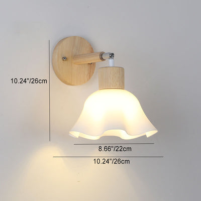 Traditional Japanese Wood Glass Paper Dome Hemispheric Flower Pleated 1-Light Wall Sconce Lamp For Bedside