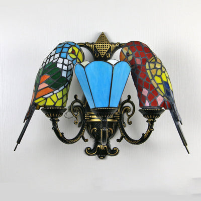 Traditional Tiffany Parrot Round Table Half Round Iron Glass 3-Light Wall Sconce Lamp For Living Room