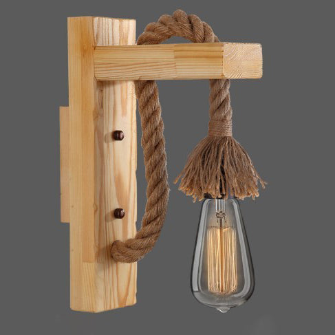 Contemporary Industrial Wood Hemp Rope Iron Glass Cubic Pendant 1-Light Wall Sconce Lamp For Hallway