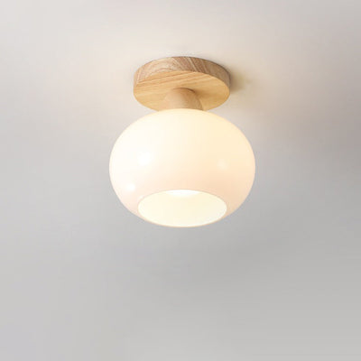 Modern Minimalist Lantern Glass Wood 1-Light Semi-Flush Mount Ceiling Light For Living Room