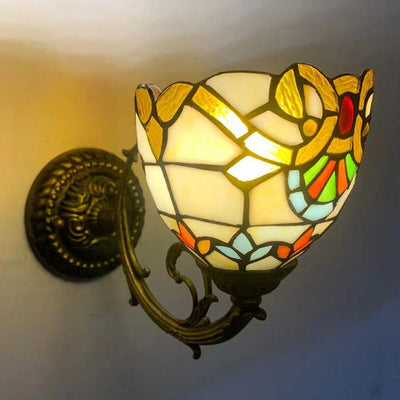 Traditional Tiffany Flower Iron Stained Glass 1-Light Wall Sconce Lamp For Living Room