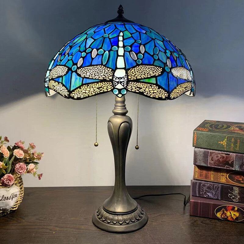 Traditional Tiffany Umbrella Flower Dragonfly Alloy Stained Glass 2-Light Table Lamp For Bedroom