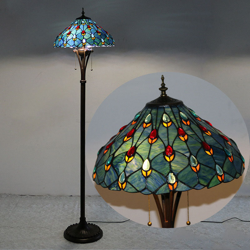 Traditional Tiffany Resin Glass Semicircular Dome Cow Diamond Flower 2-Light Standing Floor Lamp For Dining Room