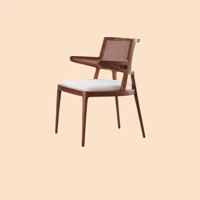 Contemporary Retro Square Microfiber Leather Upholstered Wood Dining Chair Rattan Backrest For Dining Room