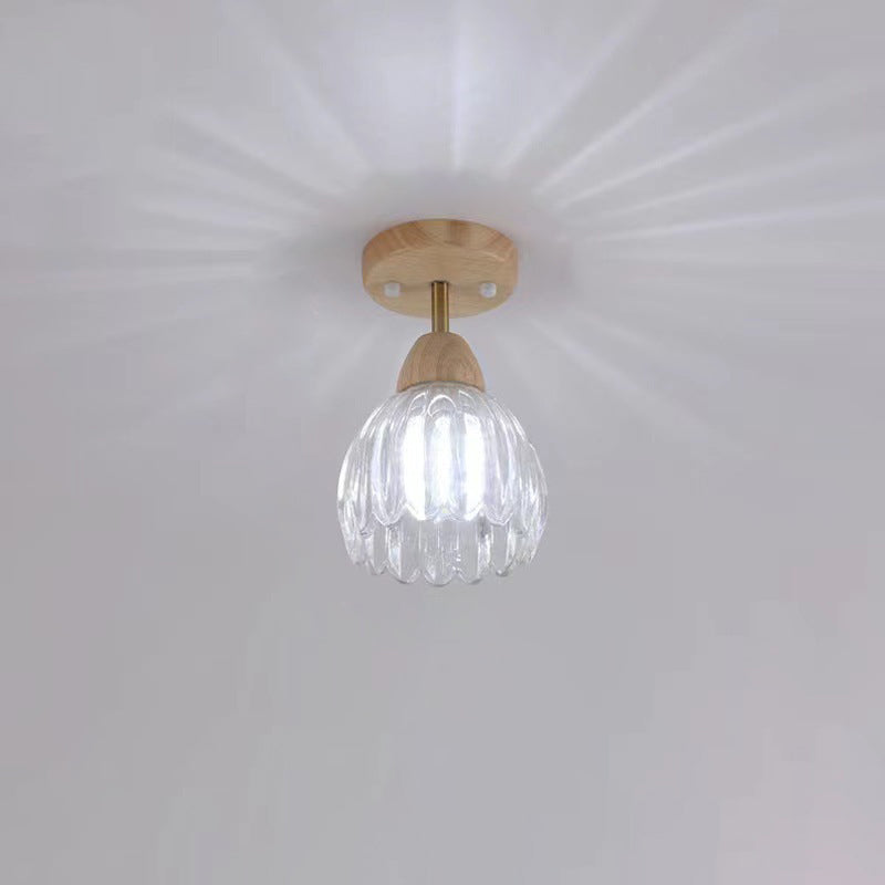 Traditional Japanese Rubber Wood Glass Flower 1-Light Semi-Flush Mount Ceiling Light For Hallway