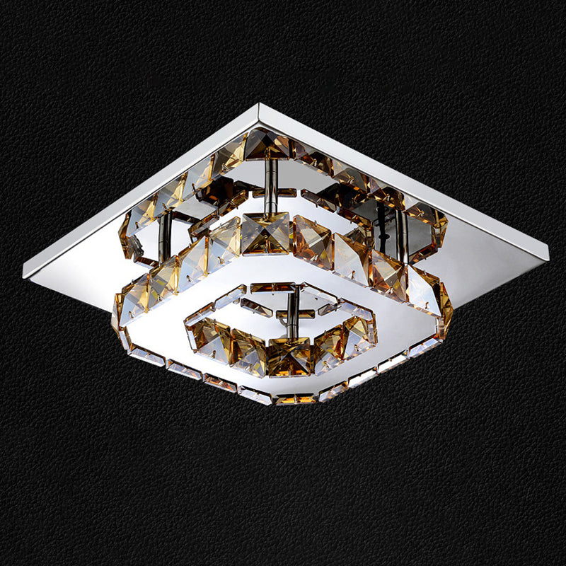 Contemporary Luxury Square Stainless Steel Crystal Decor LED Flush Mount Ceiling Light For Living Room